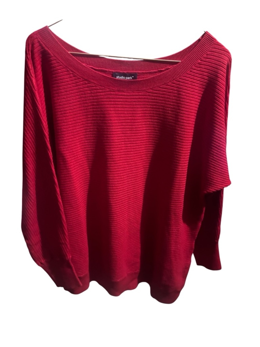 Studio Off-the-Shoulder Ribbed Sweater in Deep Red